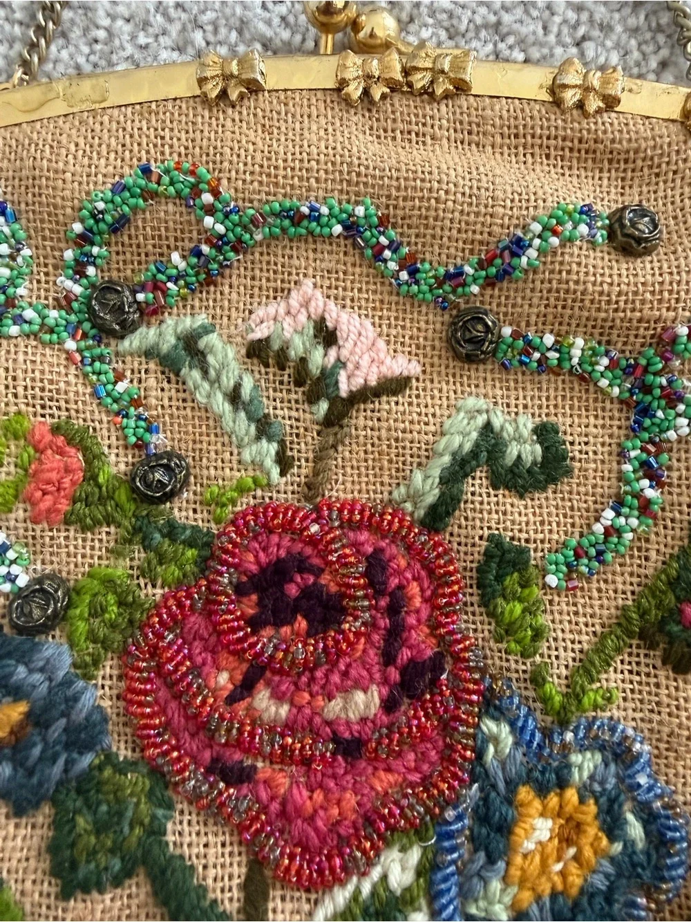 Vintage Embroidered Floral Beaded Clutch in Tan and Multicolor